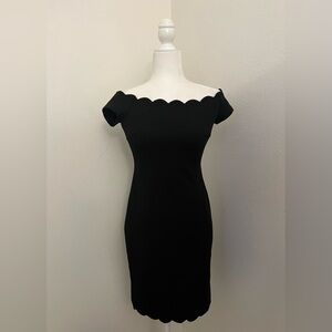 Premier Amour Black Off Shoulder Bodycon Mini Dress with Gold Zipper Size 2